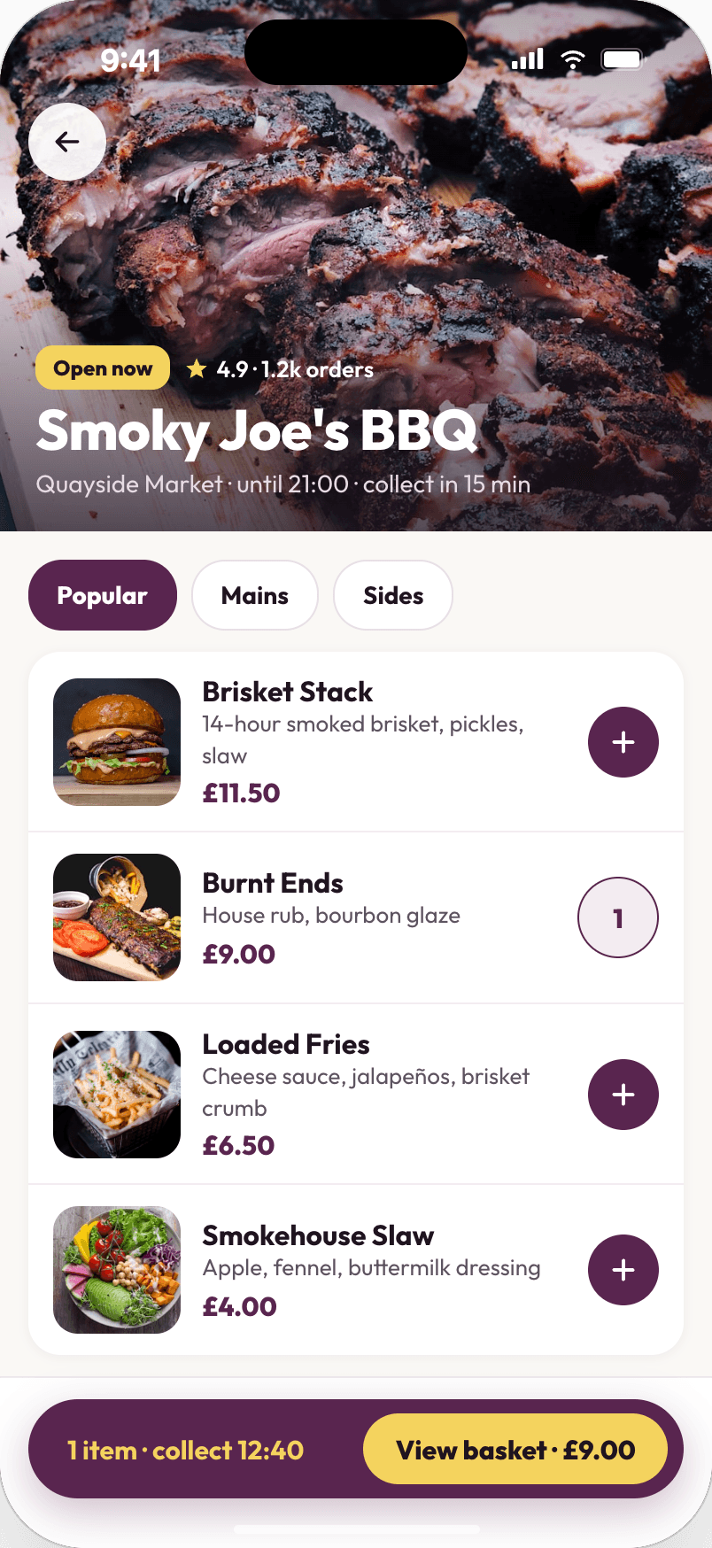 YumYard — vendor menu and basket